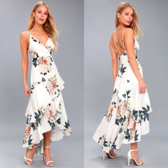 NWT Lulus Blossom Tree White Floral Print High Low Maxi Dress sz S Ruffle Bridal - Picture 1 of 12